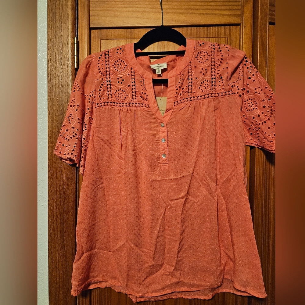 Elegant Coral Eyelet Blouse